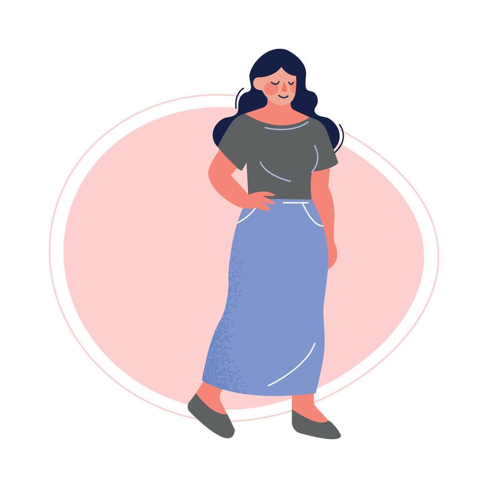 Attractive Plus Size Brunette Woman, Beautiful Curvy, Overweight Girl in Long Skirt and Blouse Illustration vector