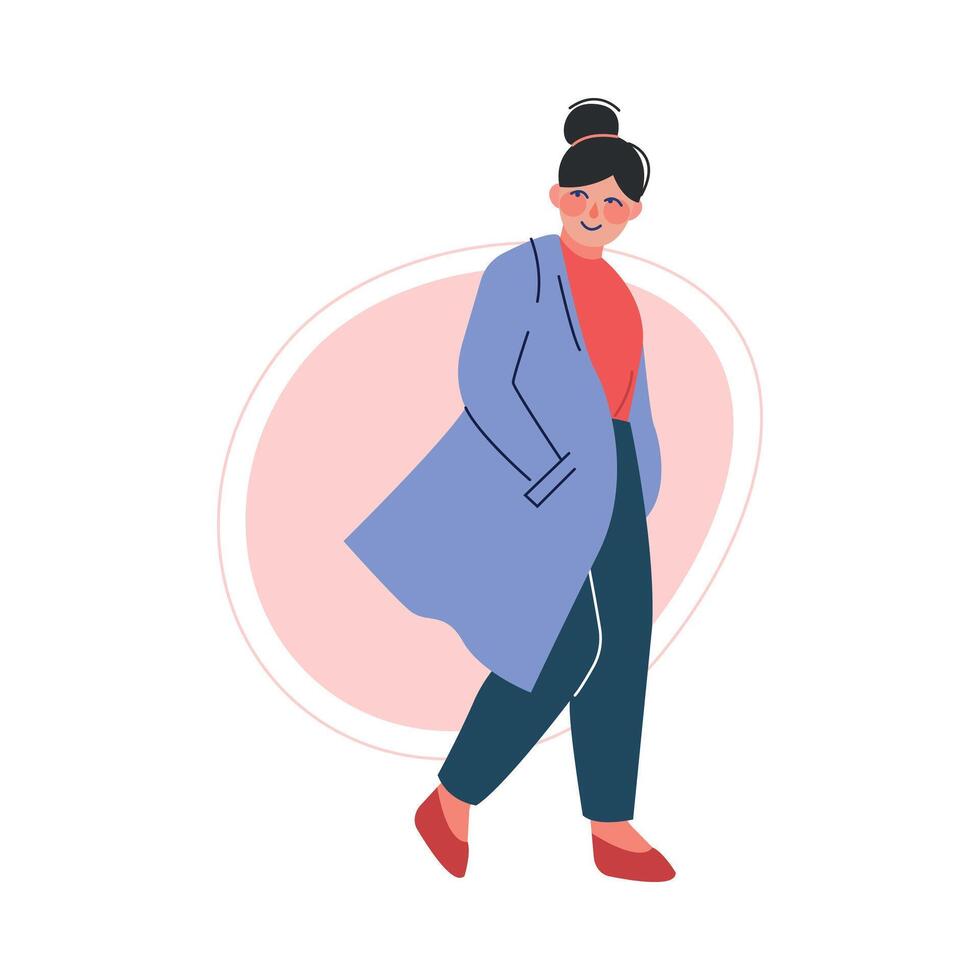 Cheerful Plus Size Brunette Girl, Attractive Smiling Curvy, Overweight Woman in Fashionable Clothes, Body Positive Concept Illustration vector