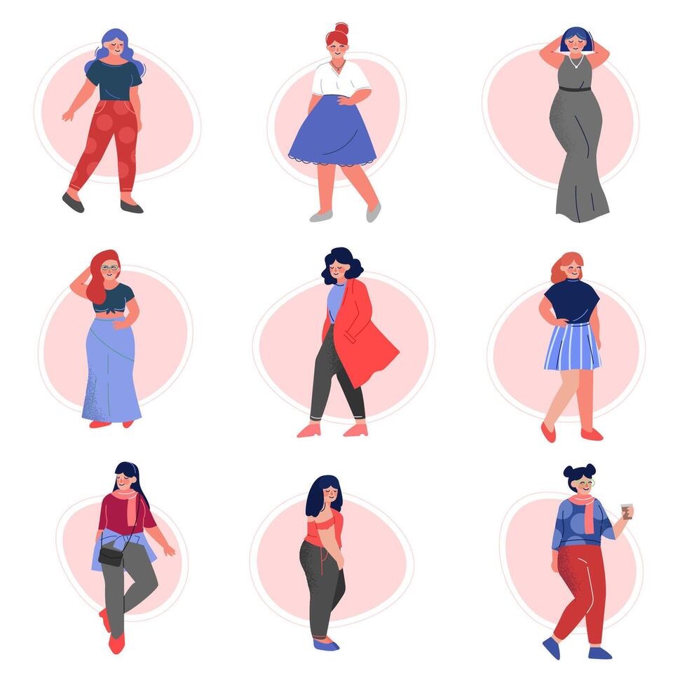 Attractive Plus Size Women Set, Beautiful Curvy, Overweight Girls in Fashionable Clothes, Body Positive Concept Illustration vector