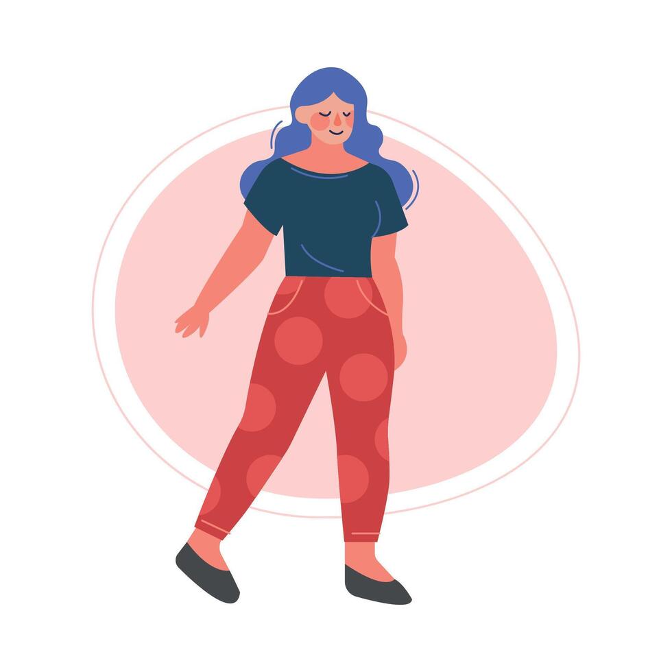 Cheerful Plus Size Brunette Girl, Attractive Smiling Curvy, Overweight Woman in Fashionable Clothes, Body Positive Concept Illustration in Flat Style vector