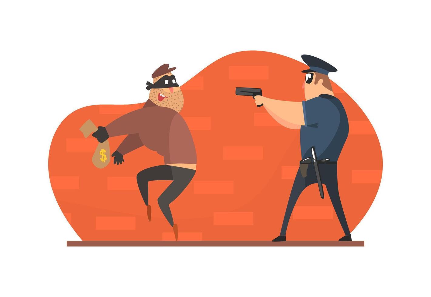 Policeman with Gun Chasing Thief in Mask with Stolen Bag of Money Illustration vector