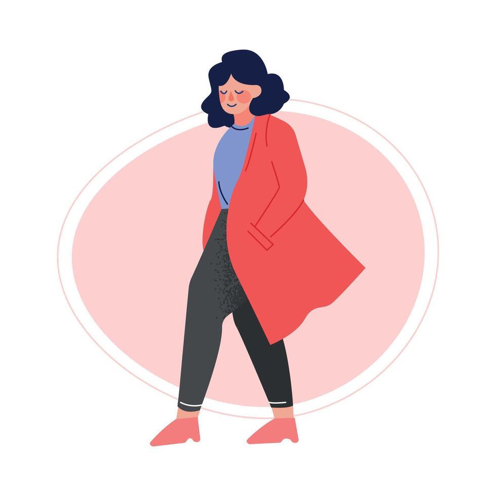 Attractive Plus Size Woman in Trench Coat, Pants and Blouse, Beautiful Curvy, Overweight Girl in Fashionable Clothes, Body Positive Concept Illustration vector