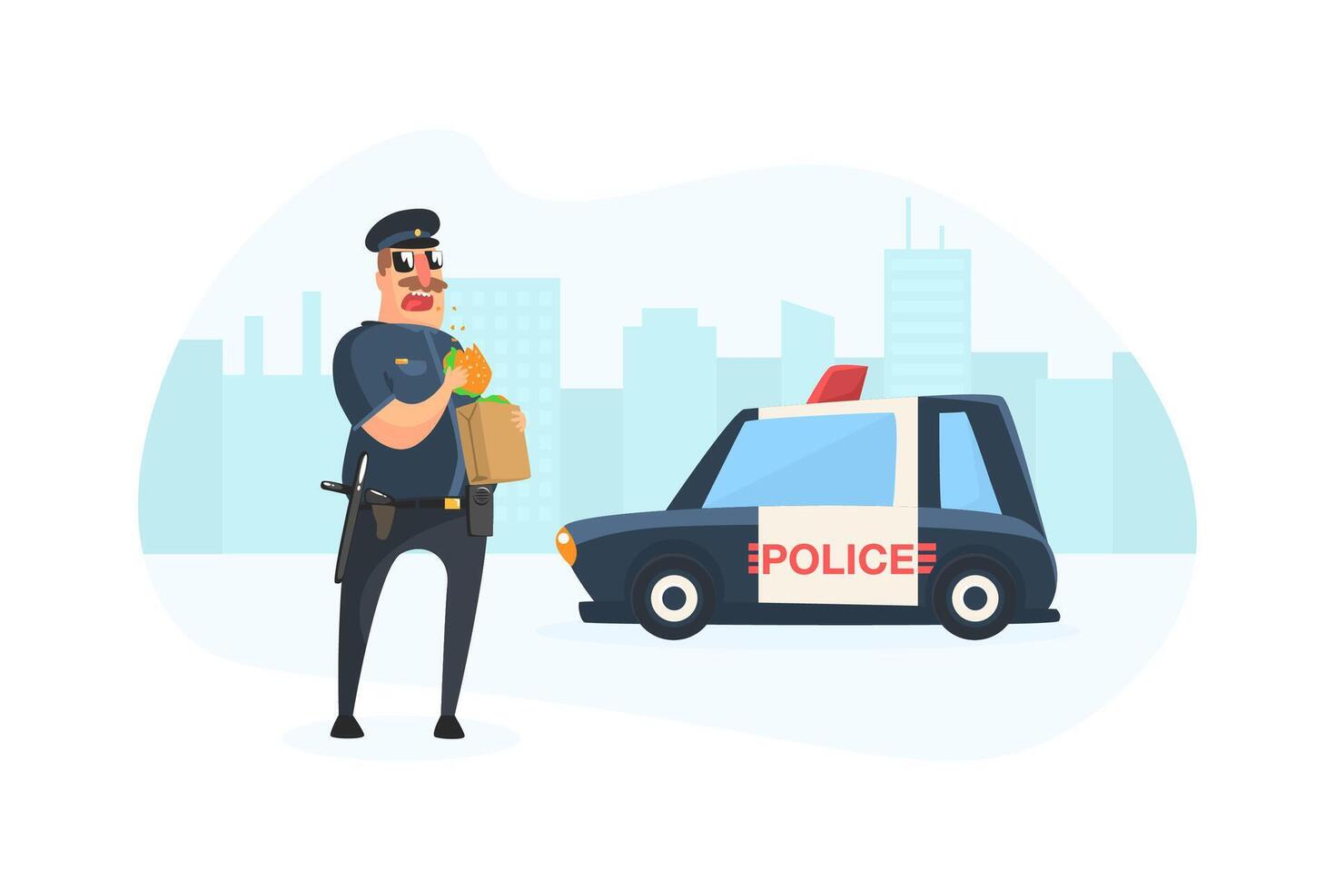Police Officer Character Stand near Police Car and Eating Burger Illustration vector
