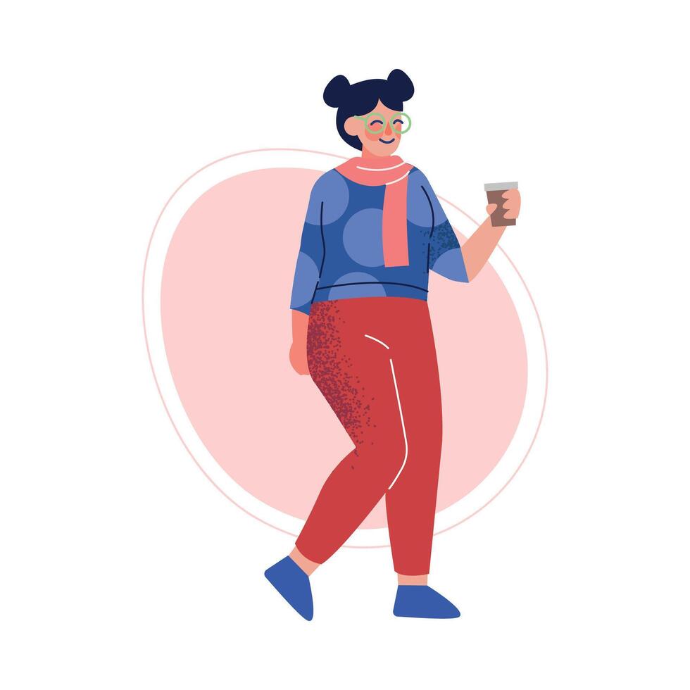 Attractive Plus Size Woman with Cup of Coffee, Beautiful Curvy, Overweight Girl in Fashionable Clothes, Body Positive Concept Illustration vector
