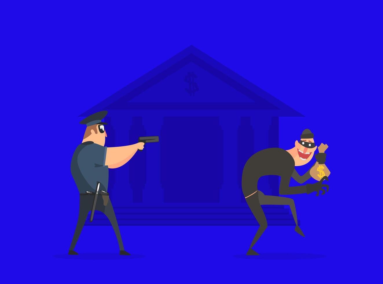 Policeman with Gun Aiming at Thief with Stolen Bag of Money Illustration vector