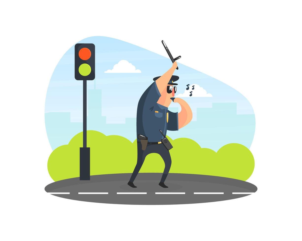 Police Officer Using Traffic Stick on Road, Male Traffic Inspector Safety Control Illustration vector