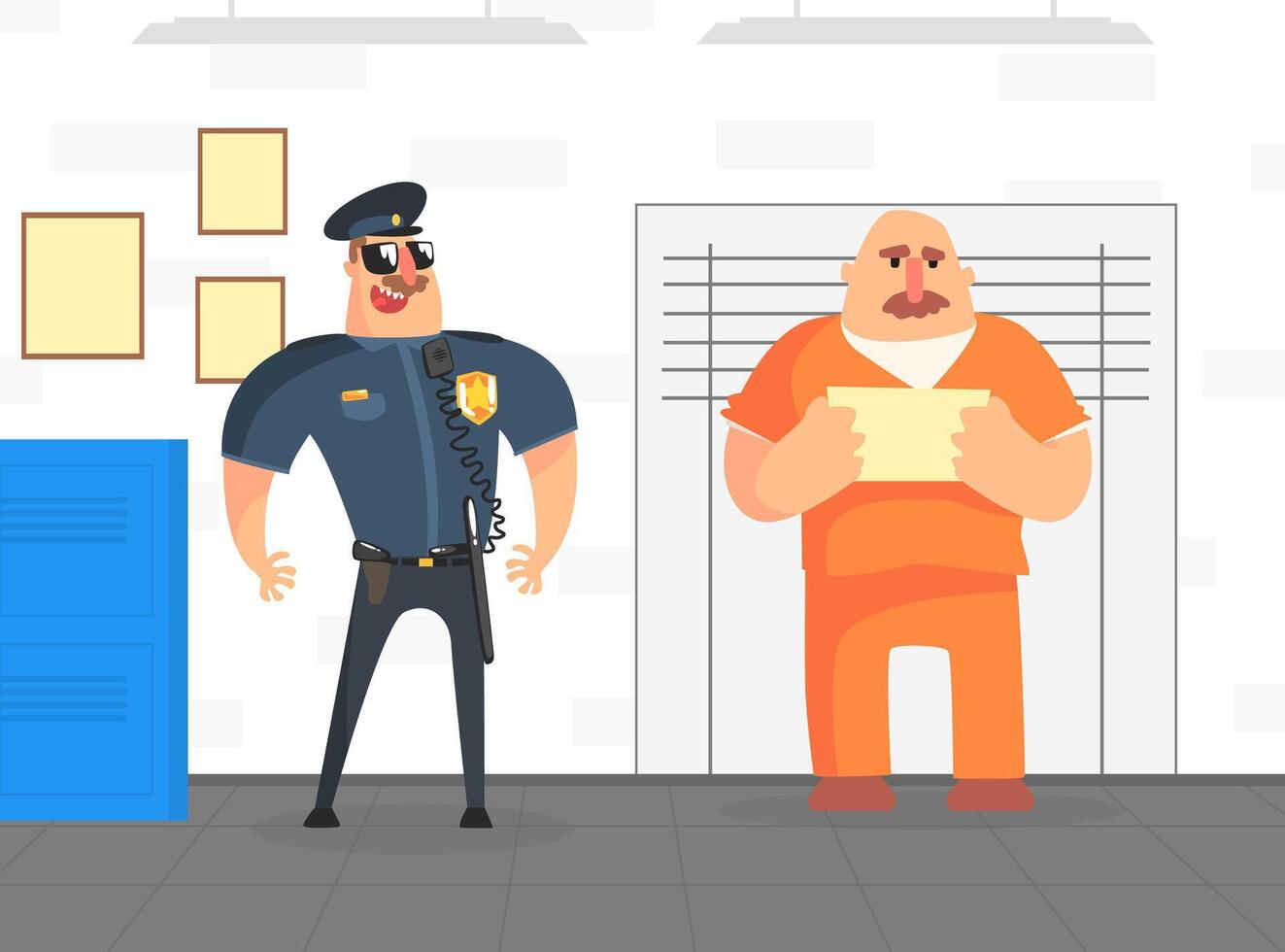 Prisoner Posing for Police Mugshot in Orange Uniform, Police Department Interior Illustration vector