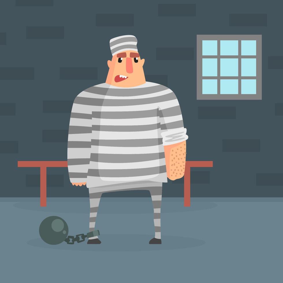 Male Prisoner Character in Striped Robe in Prison Cell Illustration vector