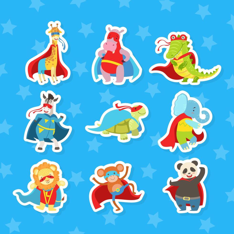 Animals Parents and Babies Stickers Set, Elephant, Monkey, Cloak, Fox, Dog, Panda, Lion, Squirrel, Turtle, Zebra Cartoon Illustration. vector
