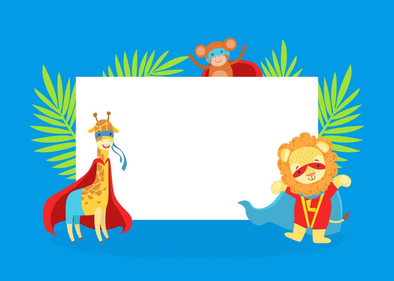 Cute Superhero Animals with Blank Banner, Giraffe, Monkey, Lion in Capes and Masks Standing Next to the Blank Signboard Cartoon Illustration vector
