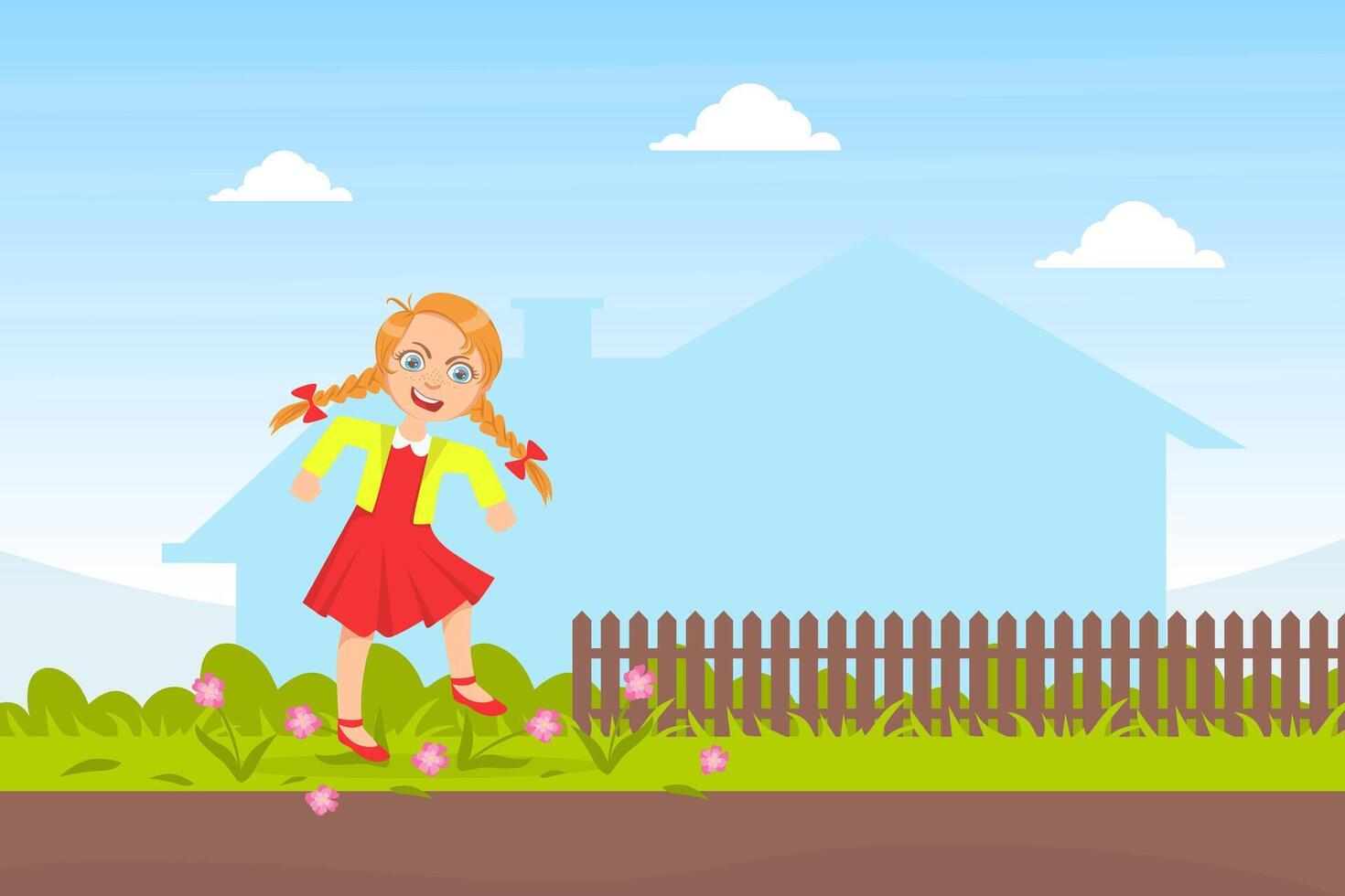Bully Girl Treading Down Flowers in Meadow, Kids Aggressive Behavior Cartoon Illustration vector