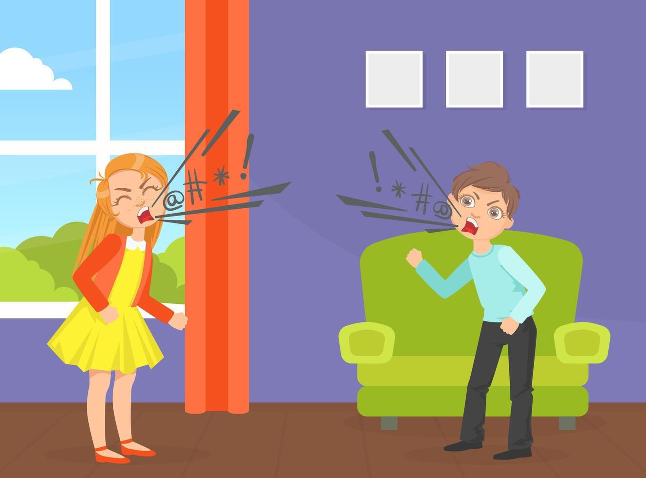 Children Quarreling and Swearing, Aggressive Boy and Girl Yelling at Each Other, Conflict between Kids Cartoon Illustration vector