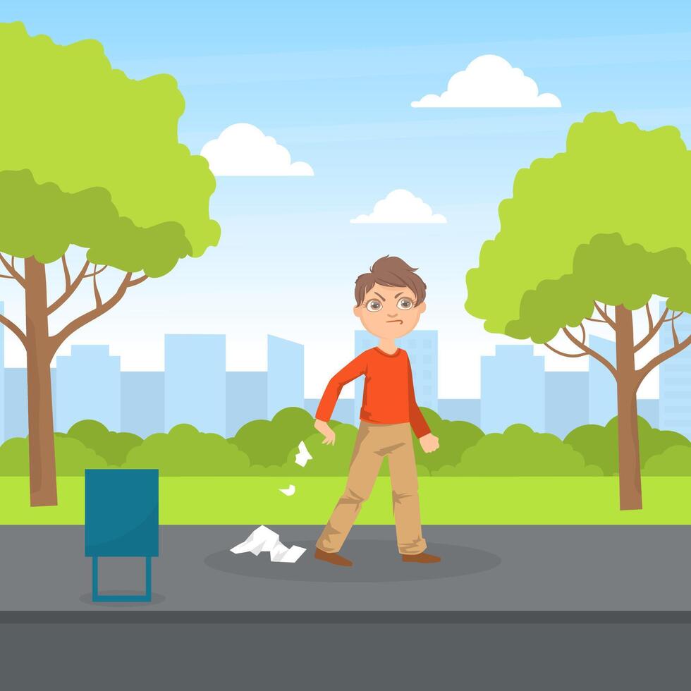 Bully Boy Littering in the Park, Kids Aggressive Uncontrollable Behavior Cartoon Illustration vector