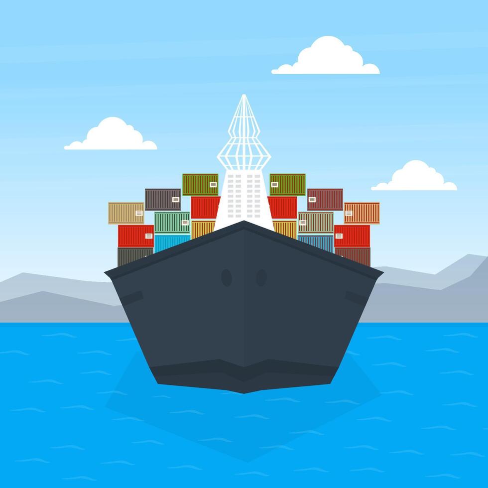 Front View of Cargo Ship Container, Maritime Shipping Freight Transportation, Cargo Logistics Flat Illustration vector