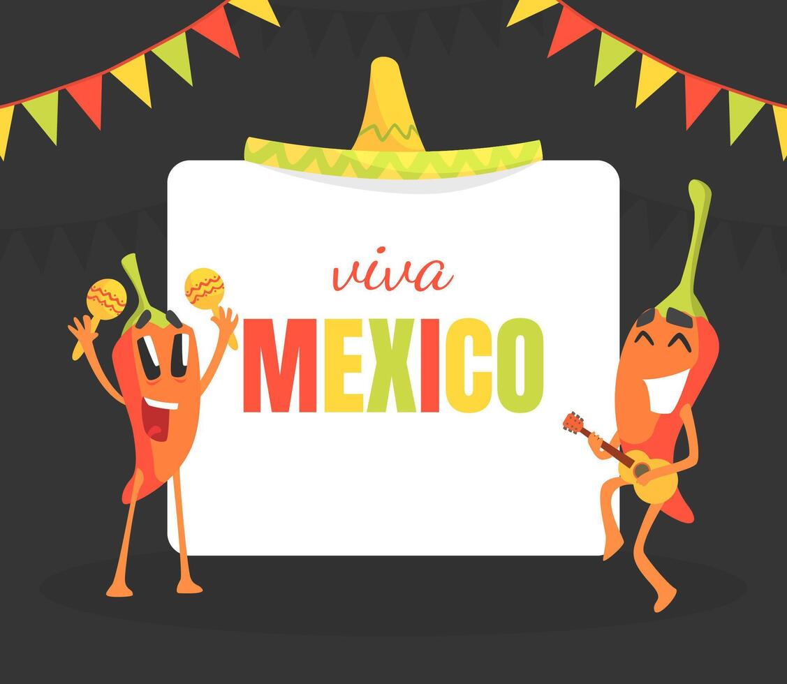 Viva Mexico Banner Template with Cute Funny Peppers Characters and Place for Text, Traditional Mexican Holiday Poster, Card, Background Illustration vector