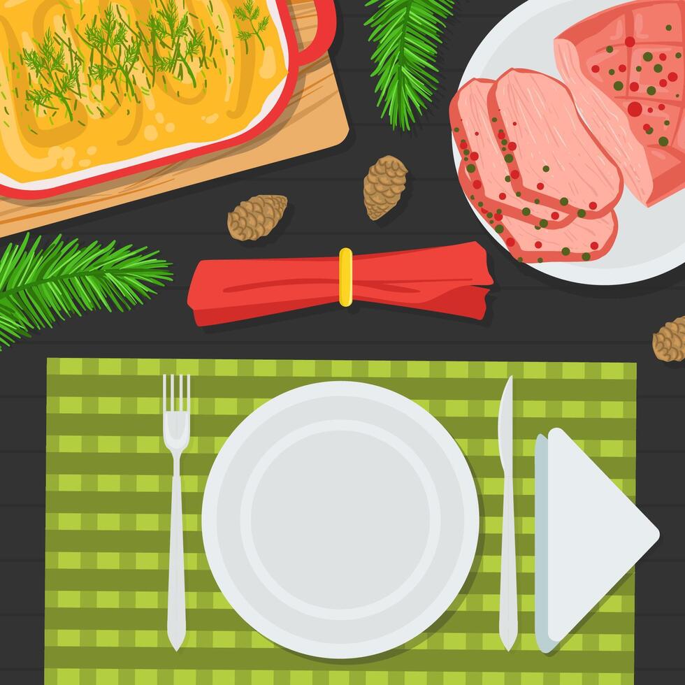 Top View of Holiday Festive Table, Christmas Table Decorating Setting with Traditional Dishes Flat Illustration vector