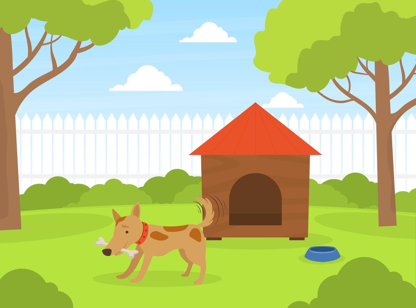 Cute Dog Gnawing Bone on Green Lawn Near Doghouse in Backyard, Beautiful Summer Landscape Flat Illustration vector