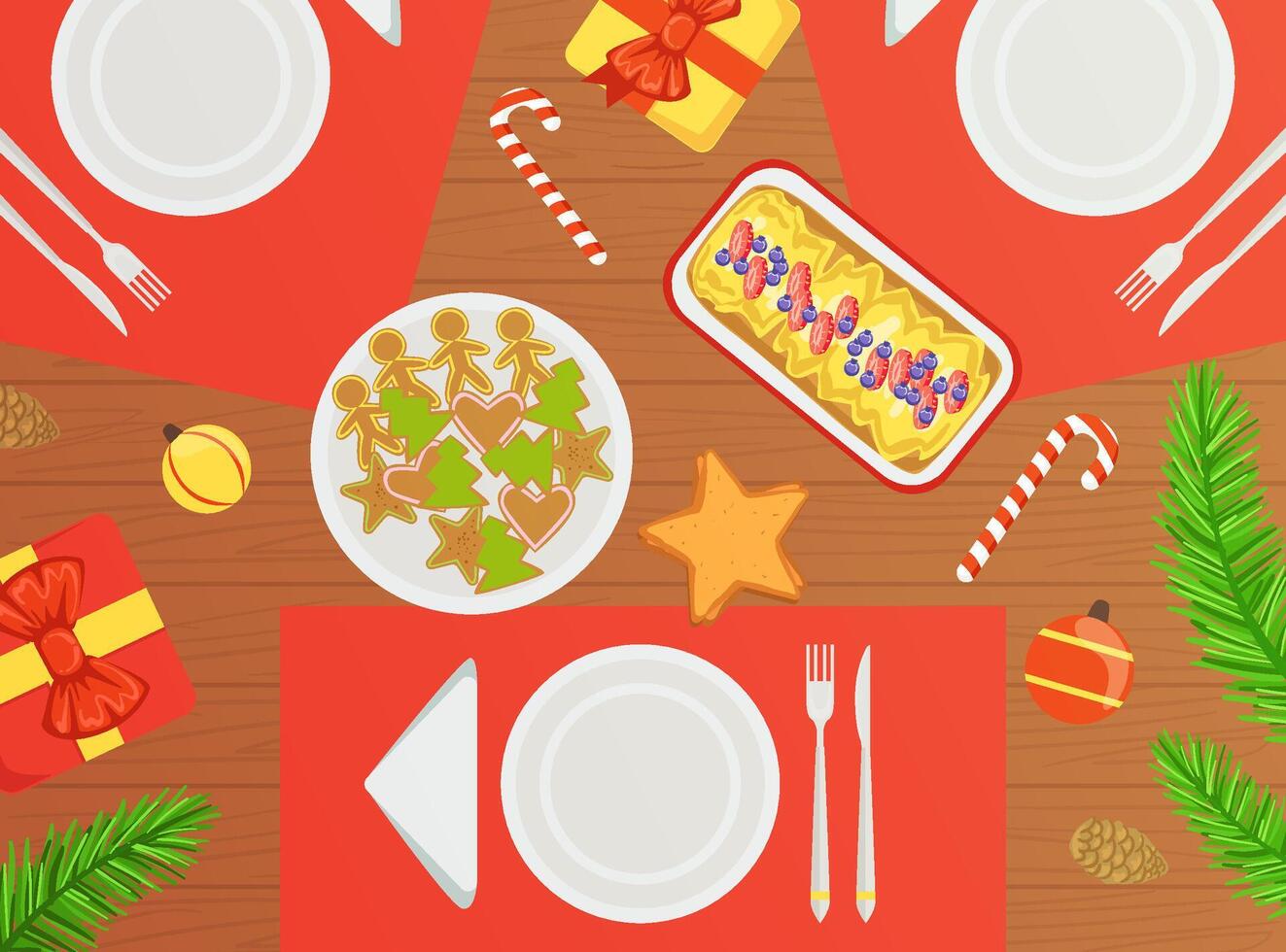 Top View of Holiday Festive Table, Traditional Christmas Dishes Flat Illustration vector