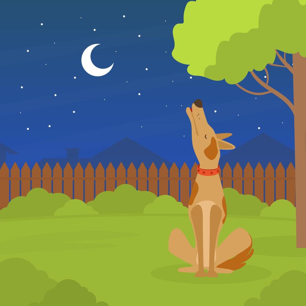Cute Dog Howling at the Moon at Night, Pet Animal Sitting on Green Lawn in Backyard Flat Illustration vector