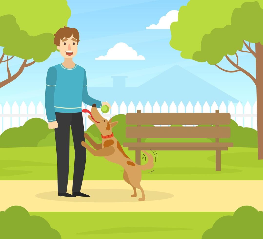 Young Man Walking with Dog in Summer Park in Sunny Day Flat Illustration vector
