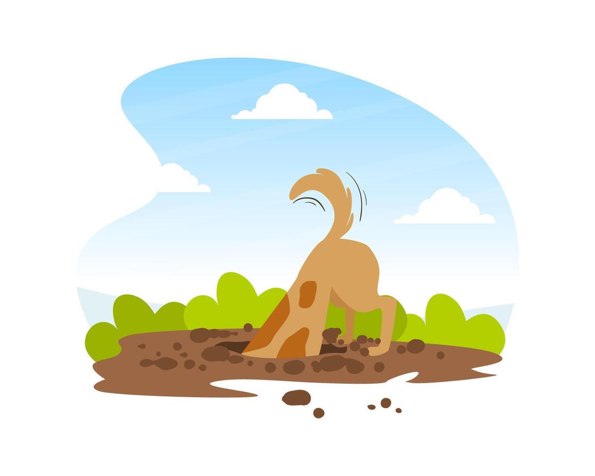 Funny Dog Digging Deep Hole in Garden, Beautiful Summer Landscape Flat Illustration vector
