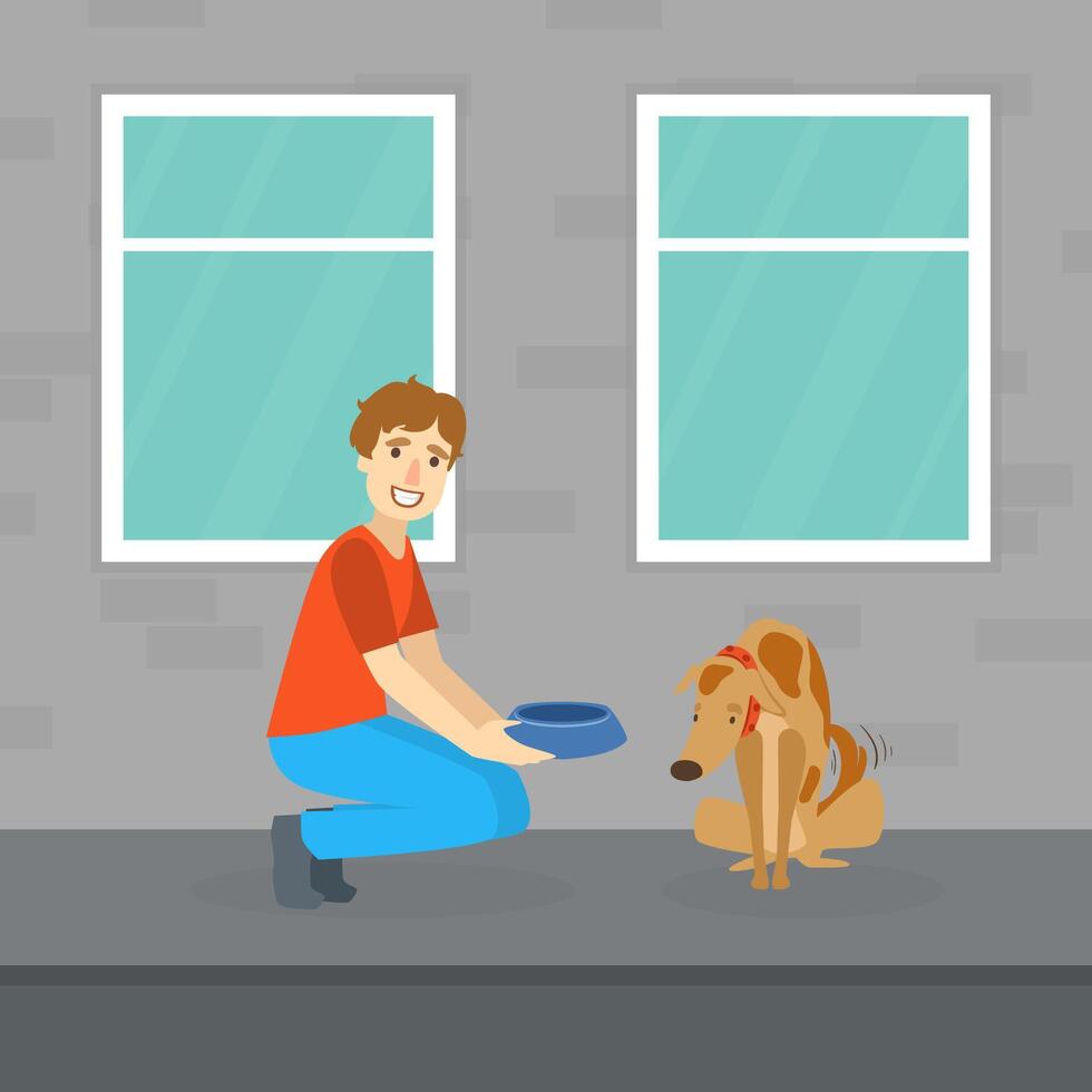 Smiling Man Feeding Homeless Dog on the Street Flat Illustration vector