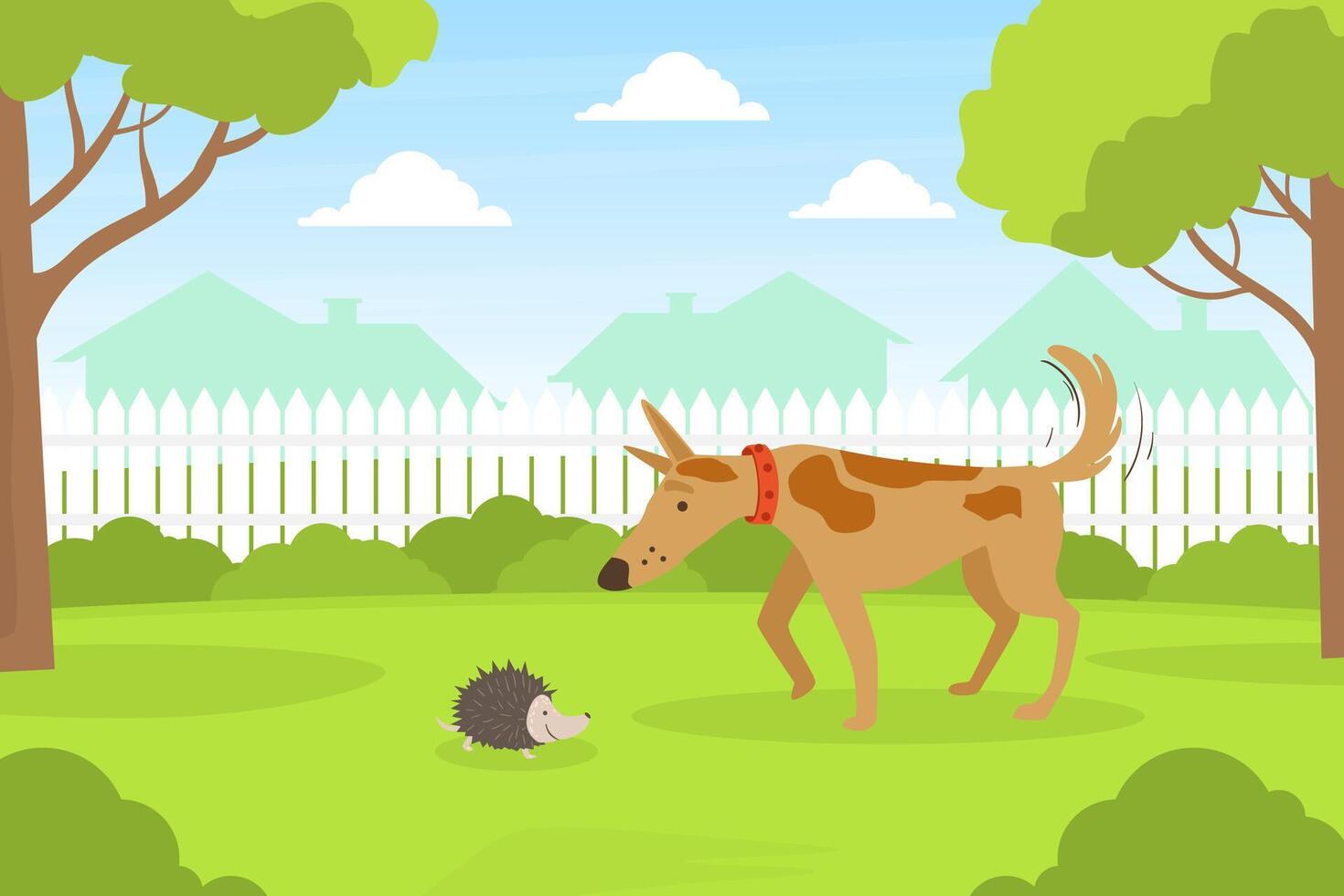 Cute Dog Looking at Hedgehog Sitting on Lawn in Backyard, Beautiful Summer Landscape Flat Illustration vector