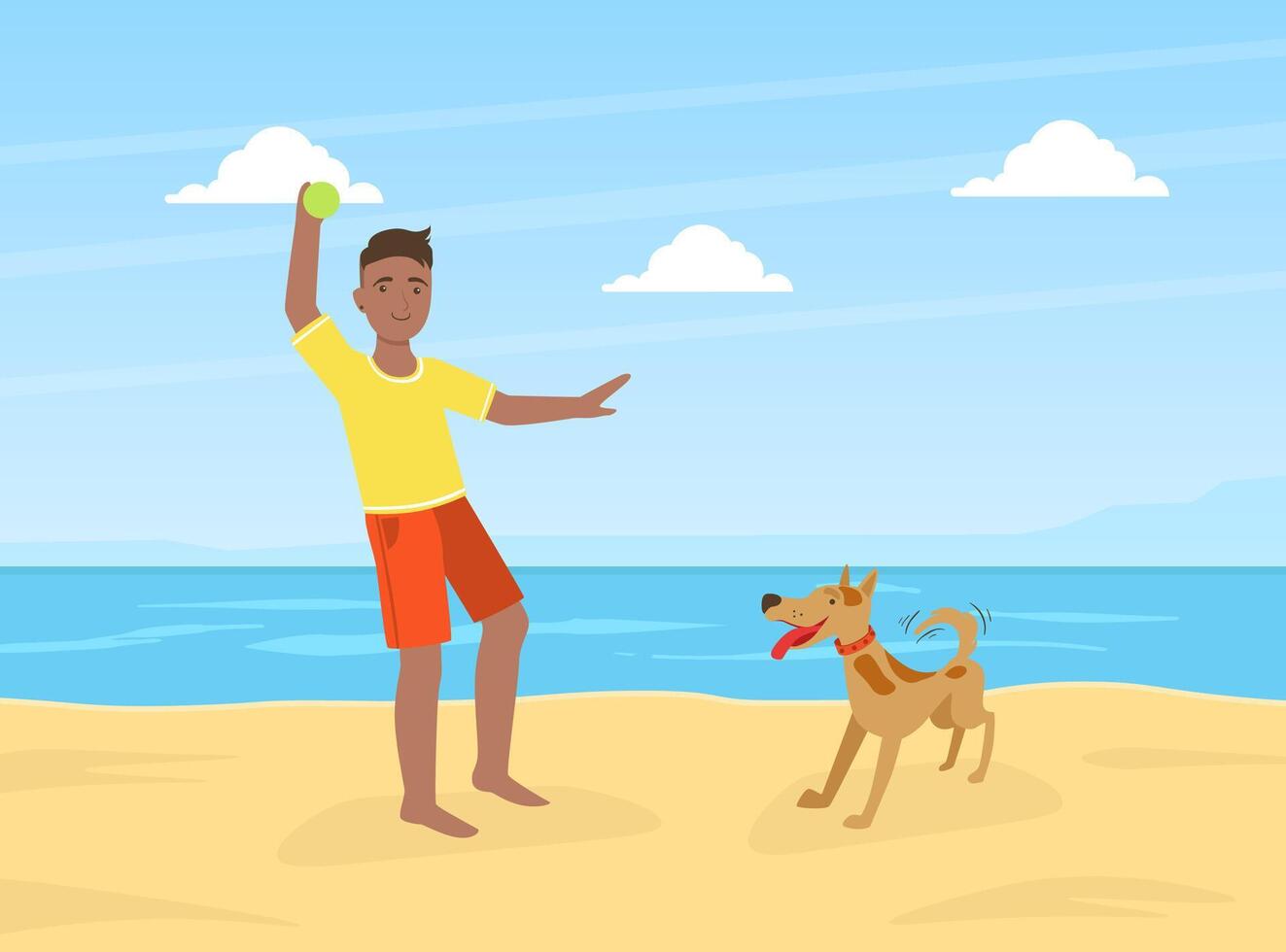 Young Man Walking and Playing Ball with Dog on Beach in Sunny Day, Summer Outdoor Activities with Pet Flat Illustration vector