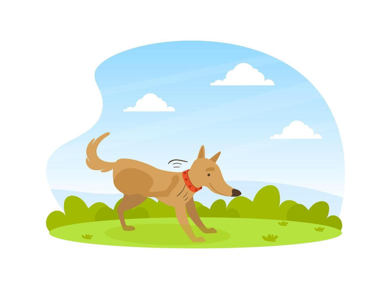 Cute Dog Scratching its Paw on Lawn in Backyard on Beautiful Summer Landscape Flat Illustration vector