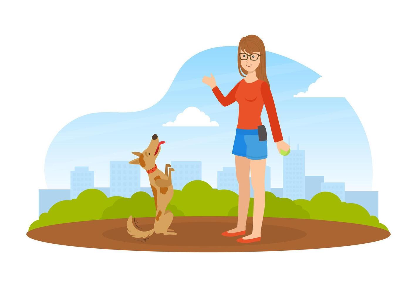 Girl Walking and Playing Ball with Dog in Park in Sunny Day, Summer Outdoor Activities with Pet Flat Illustration vector