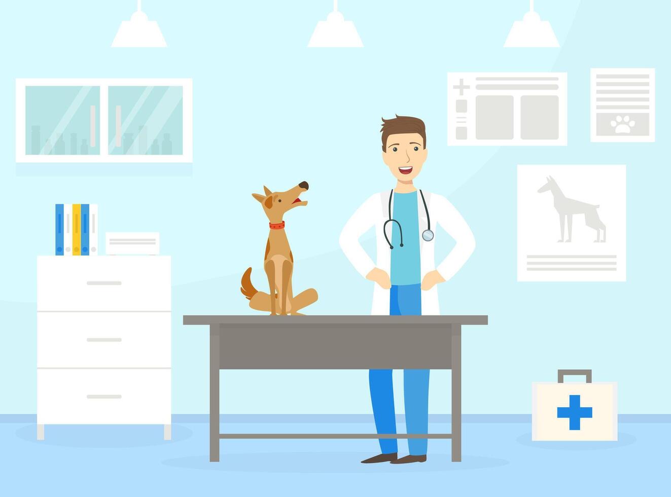 Male Veterinarian Doctor Examining Dog on Table in Vet Clinic, Professional Veterinary Consultation Concept Flat Illustration vector