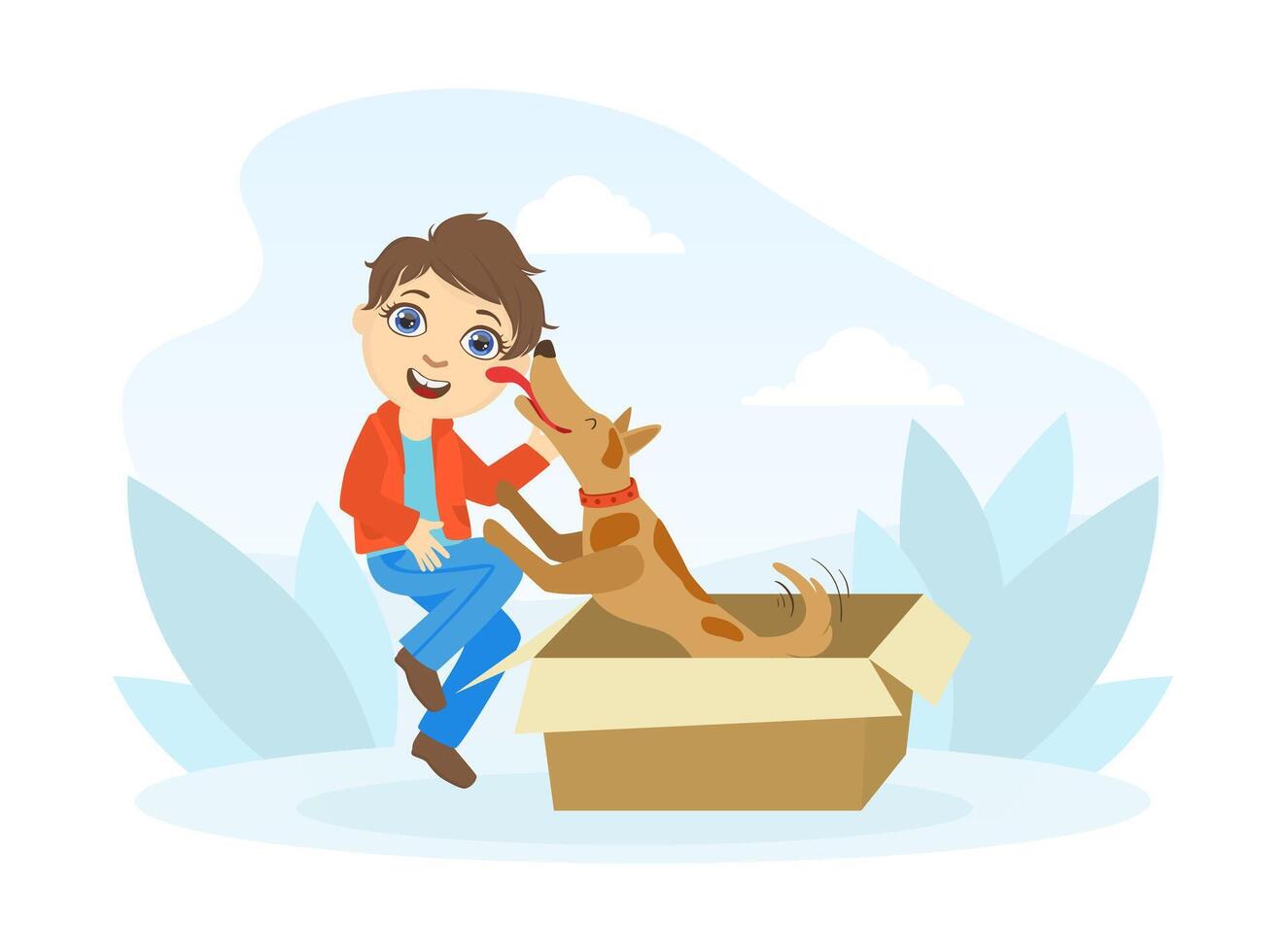 Cute Happy Boy Taking Out Dog of Gift Box Flat Illustration vector