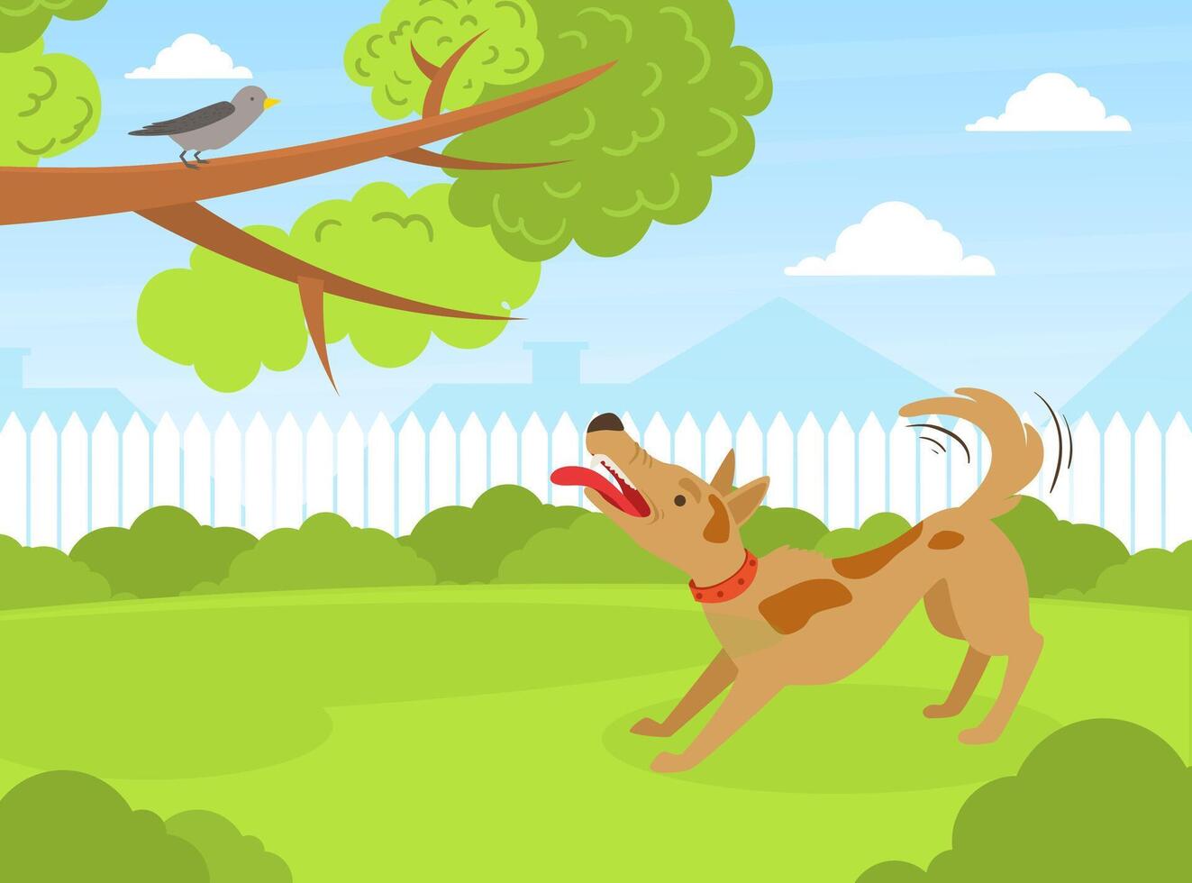 Dog Barking at Bird in Summer Park on Beautiful Summer Landscape Flat Illustration vector