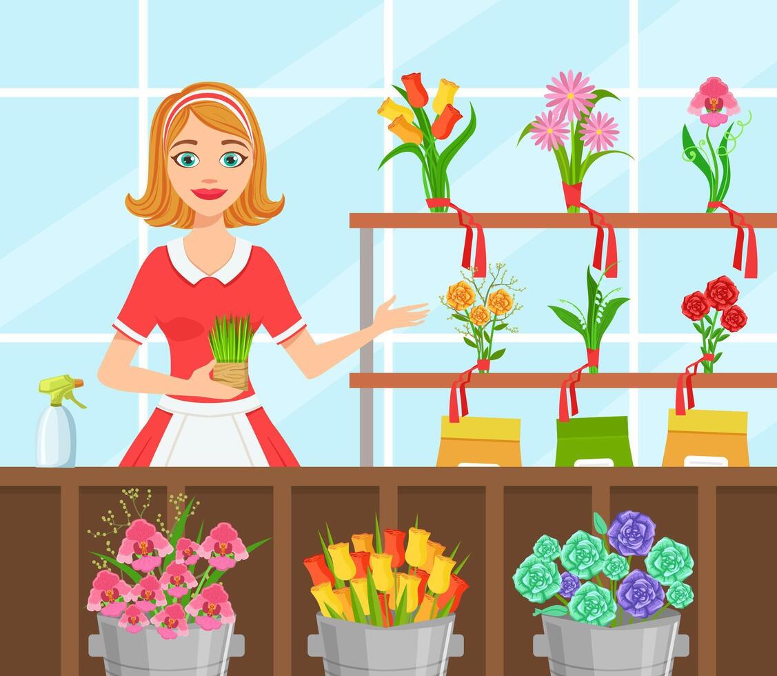 Flower Shop, Cheerful Young Woman Florist in Apron Making Bouquet of Flowers Flat Illustration vector