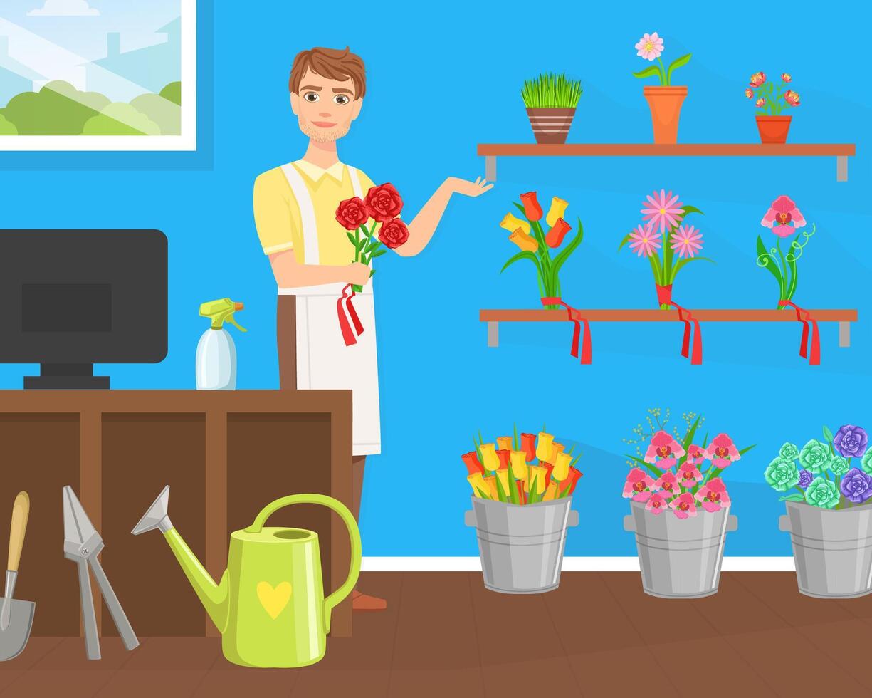 Flower Shop, Cheerful Young Man Florist in Apron Making Bouquet of Flowers Flat Illustration vector