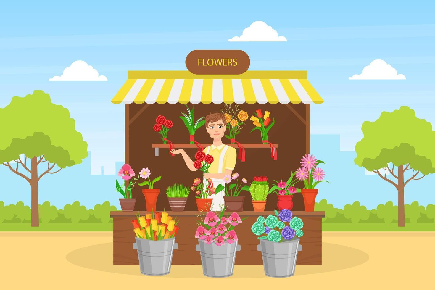 Cheerful Young Man Florist in Apron Selling Bouquets of Flowers at Outdoor Flower Shop Flat Illustration vector