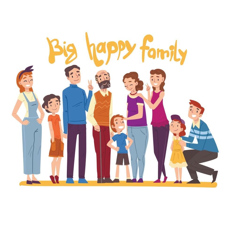 Big Happy Family, Several Generations Standing Together, Grandma, Grandpa, Mom, Dad and Children Cartoon Style Illustration vector