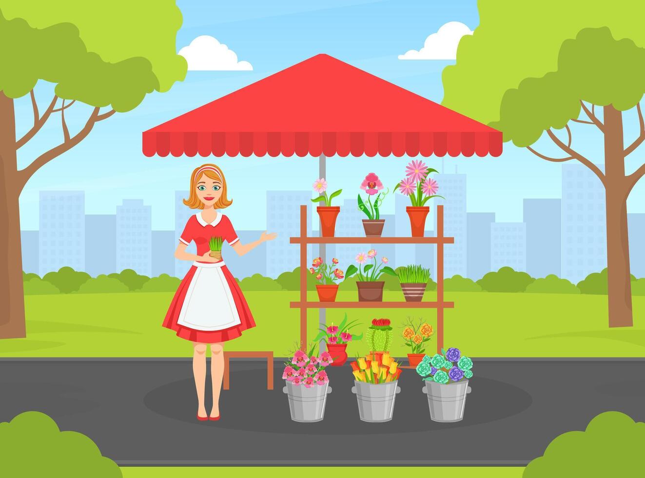 Beautiful Young Woman Florist in Apron Selling Bouquets of Flowers at Street Market Kiosk or Stand Flat Illustration vector