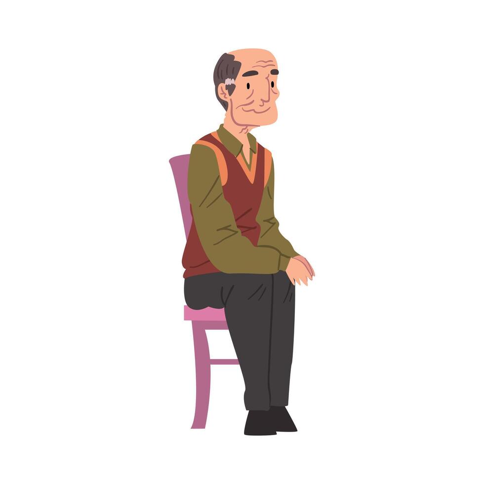 Elderly Man Sitting in Chair, Grandpa Character Cartoon Style Illustration on White Background vector