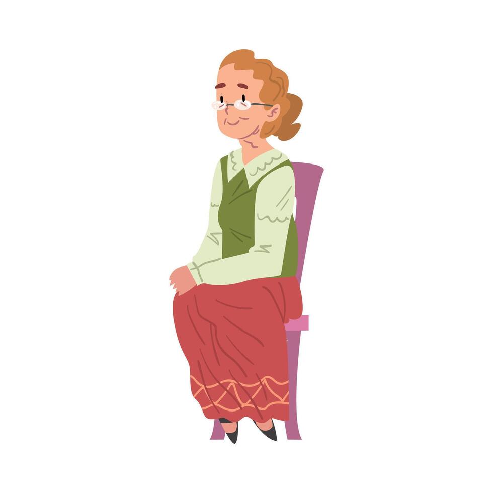 Elderly Woman Sitting in Chair, Grandma Character Cartoon Style Illustration on White Background vector