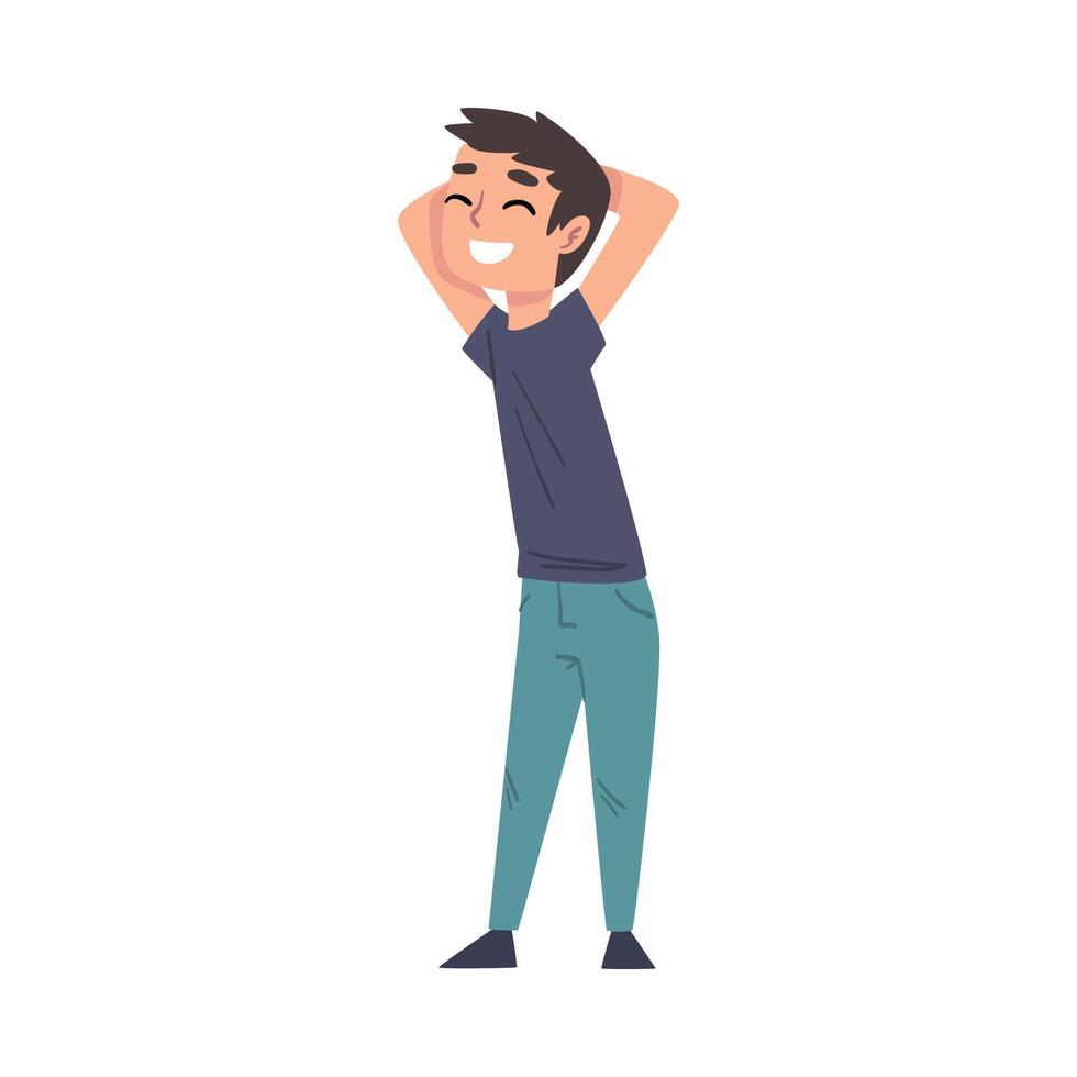 Happy Smiling Boy Standing Throwing Hands over his Head Cartoon Style Illustration on White Background vector