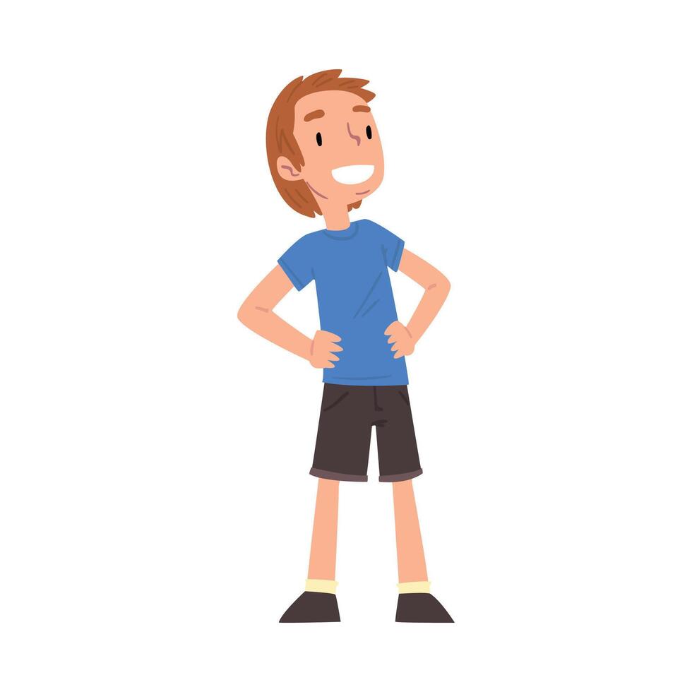 Cute Happy Smiling Boy Wearing Shorts and T-shirt Cartoon Style Illustration on White Background vector