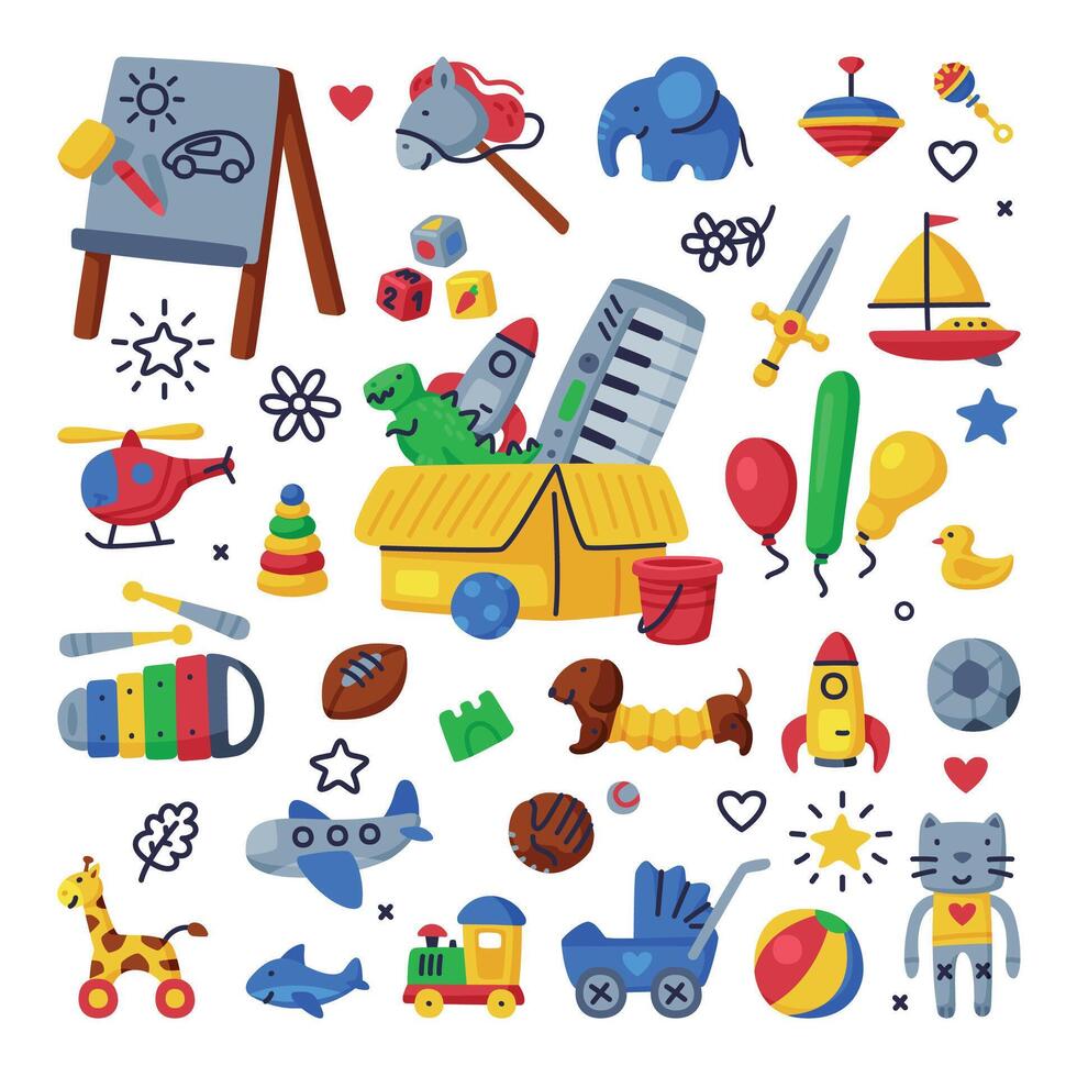 Children Toys Set, Various Objects for Kids Game, Box of Colorful Toys for Kindergarten or Playground Cartoon Illustration vector