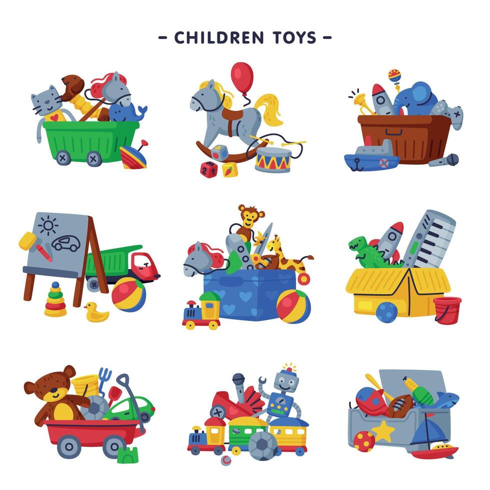 Boxes of Children Toys Set, Various Objects for Kids Game, Development and Entertainment Cartoon Illustration vector