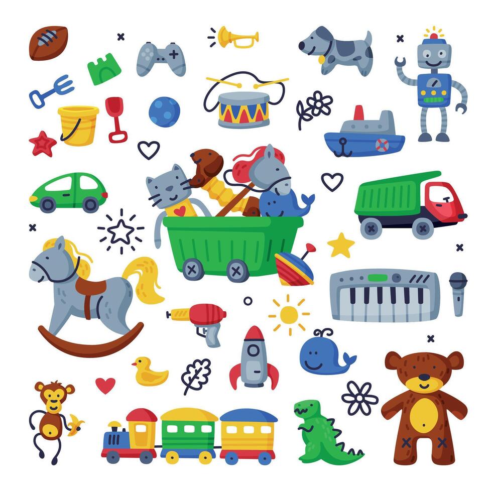 Children Toys Set, Various Objects for Kids Development and Entertainment, Wheeled Plastic Box of Colorful Toys for Kindergarten or Playground Cartoon Illustration vector