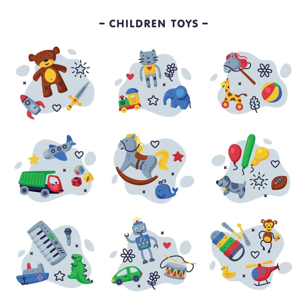 Children Toys Set, Various Objects for Kids Game Cartoon Illustration vector