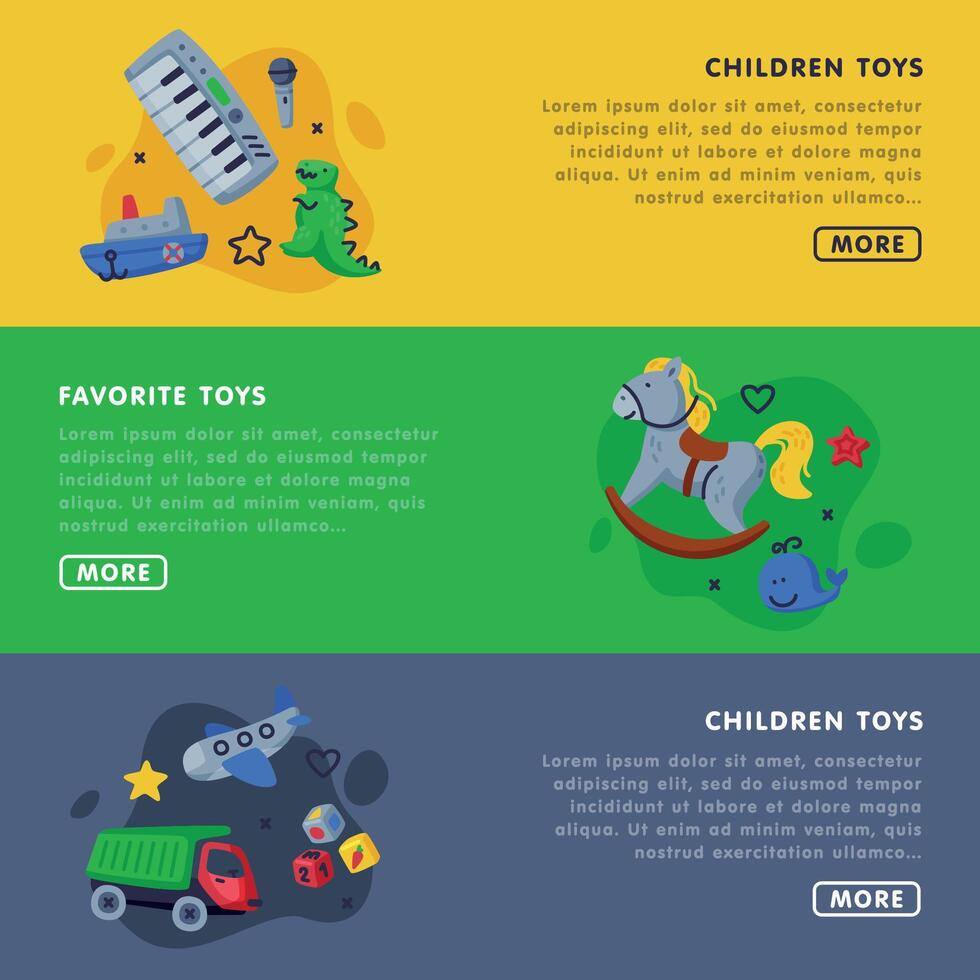 Children Favorite Toys Landing Page Templates Set, Kids Toy Shop, Club, Kindergarten or Playground Website, Homepage Illustration vector