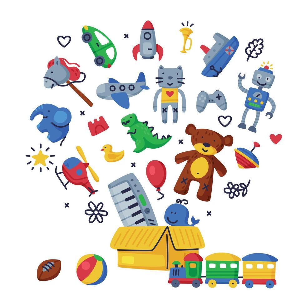 Cardboard Box Full of Colorful Toys, Various Colorful Objects for Kids Development and Entertainment, Children Toys Collection Cartoon Illustration vector