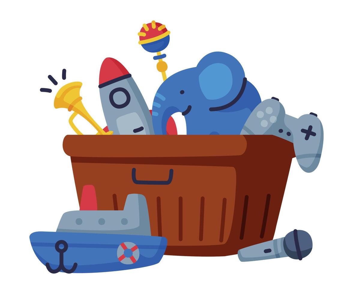 Plastic Box of Baby Toys, Trumpet, Elephant, Rocket, Maracas, Boat Cute Objects for Kids Development and Entertainment Cartoon Illustration on White Background vector