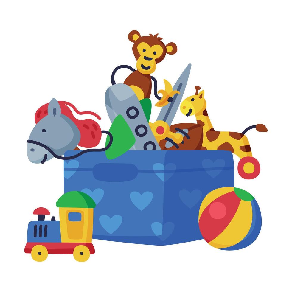 Box of Baby Toys, Stick Horse, Giraffe, Monkey, Train Cute Objects for Kids Development and Entertainment Cartoon Illustration on White Background vector